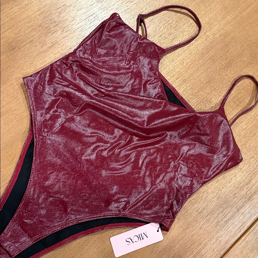 Faux Leather Burgundy One-Piece Bodysuit